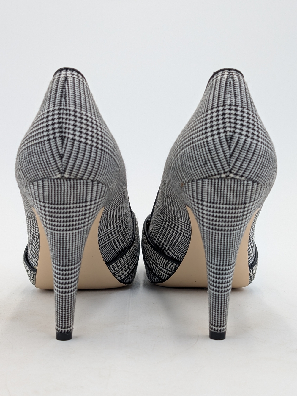 Talbots Sz 9.5M Plaid Black & White Textile Uppers Peep-Toe Crisscross Stiletto - Picture 12 of 17